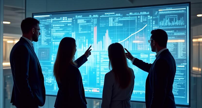 Professional team reviewing complex data models on a large touch screen dashboard